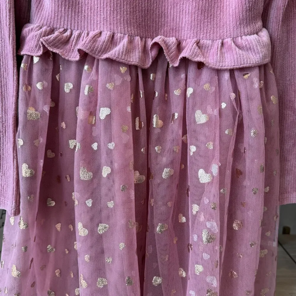 Young Hearts Pink Ribbed Tutu Dress Girls 6X Sequin Heart Gold Foil Whimsical
